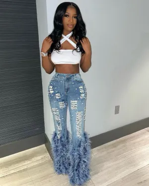 Glamorous Pearl-Embellished Feather Accent Stretch Denim Pants