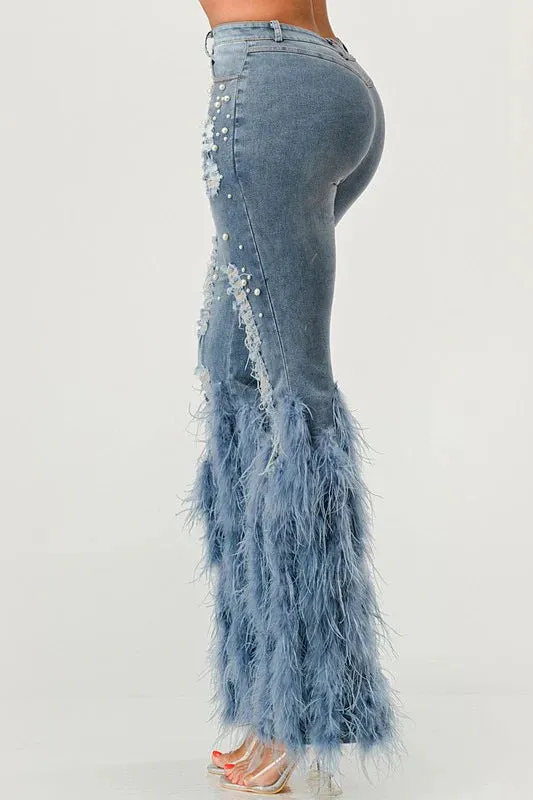Glamorous Pearl-Embellished Feather Accent Stretch Denim Pants