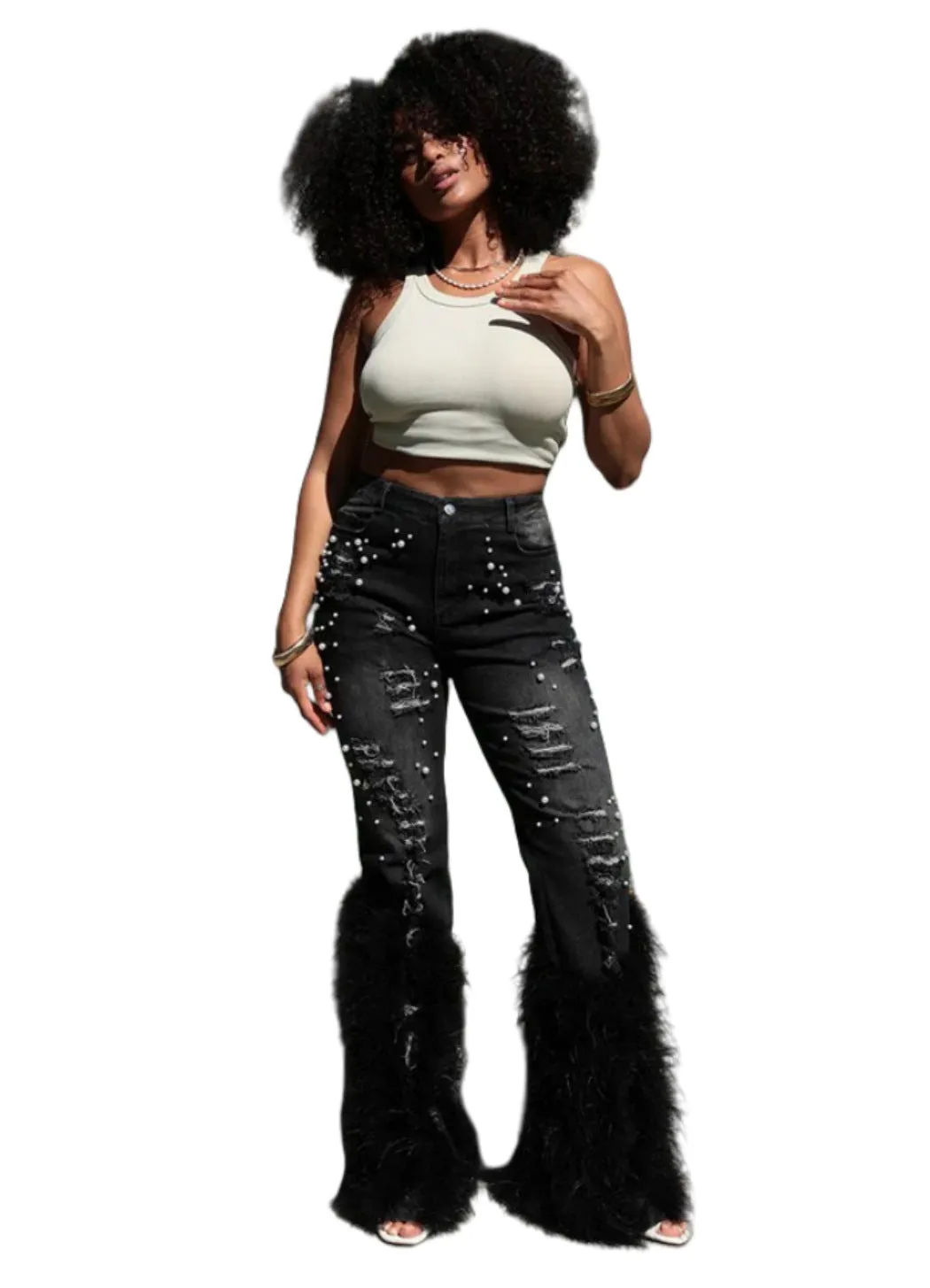 Glamorous Pearl-Embellished Feather Accent Stretch Denim Pants
