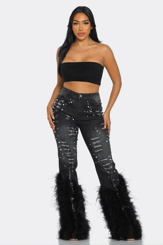Glamorous Pearl-Embellished Feather Accent Stretch Denim Pants