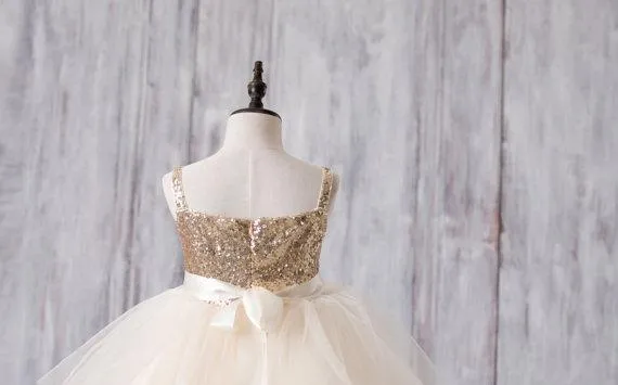 Gold Sequin Top Tulle Flower Girl Dresses, Lovely Tutu Dresses for Little Girl Dresses, TYP1190