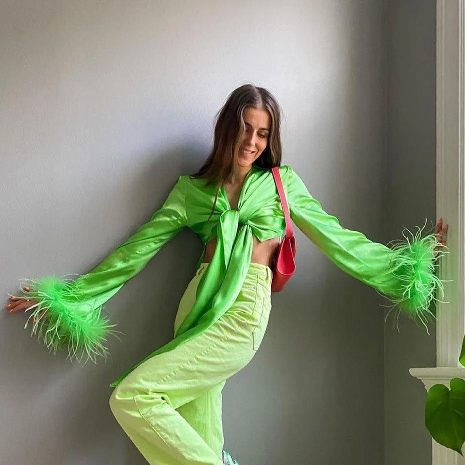 Good Vibes Feather Long Sleeve Satin Top