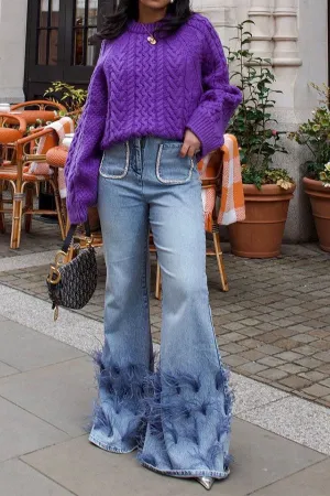 Goosudu Feather Trim Rocking Bell Bottoms Jeans