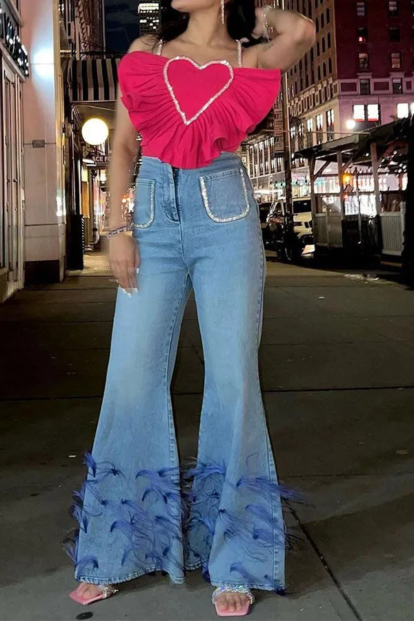 Goosudu Feather Trim Rocking Bell Bottoms Jeans