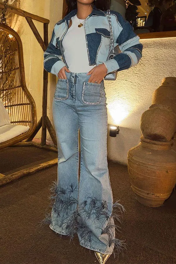 Goosudu Feather Trim Rocking Bell Bottoms Jeans