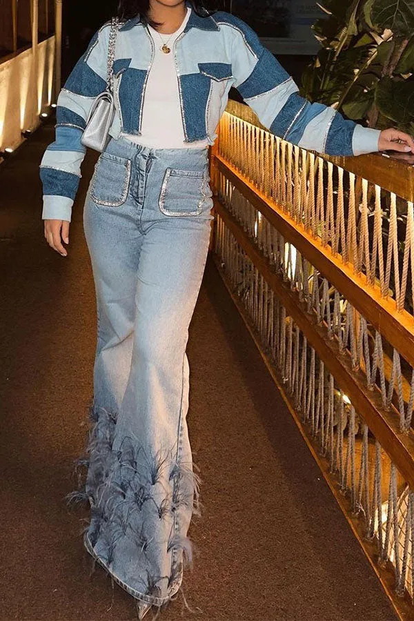 Goosudu Feather Trim Rocking Bell Bottoms Jeans
