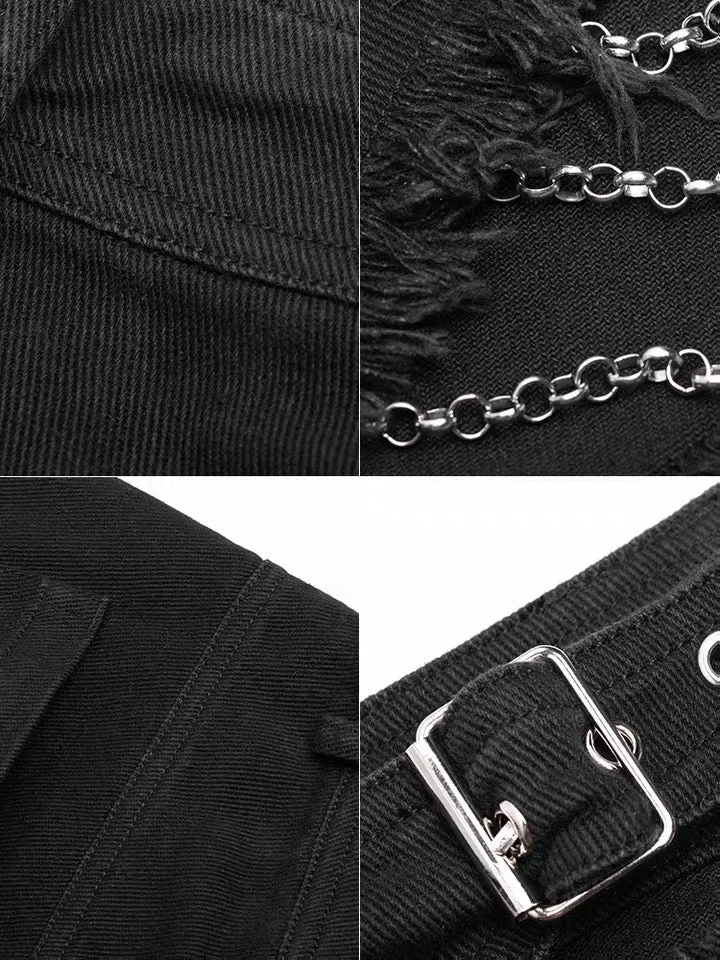 Goth Ripped Denim Shorts With Metal Chains