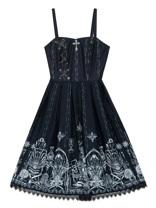 Gothic Lolita OP Dress 3-Piece Set Sleeveless Polyester JSK Jumper Skirt