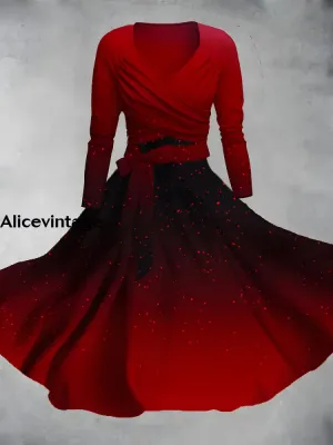 Gradient Color Art Print Vintage V-Neck Short Sleeve Two-Piece Midi Dress