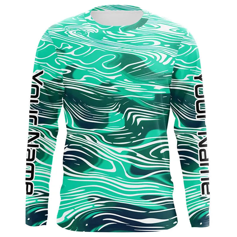 Green Water Camo Custom Long Sleeve Tournament Fishing Shirts, Uv Protection Fishing Jerseys IPHW5867