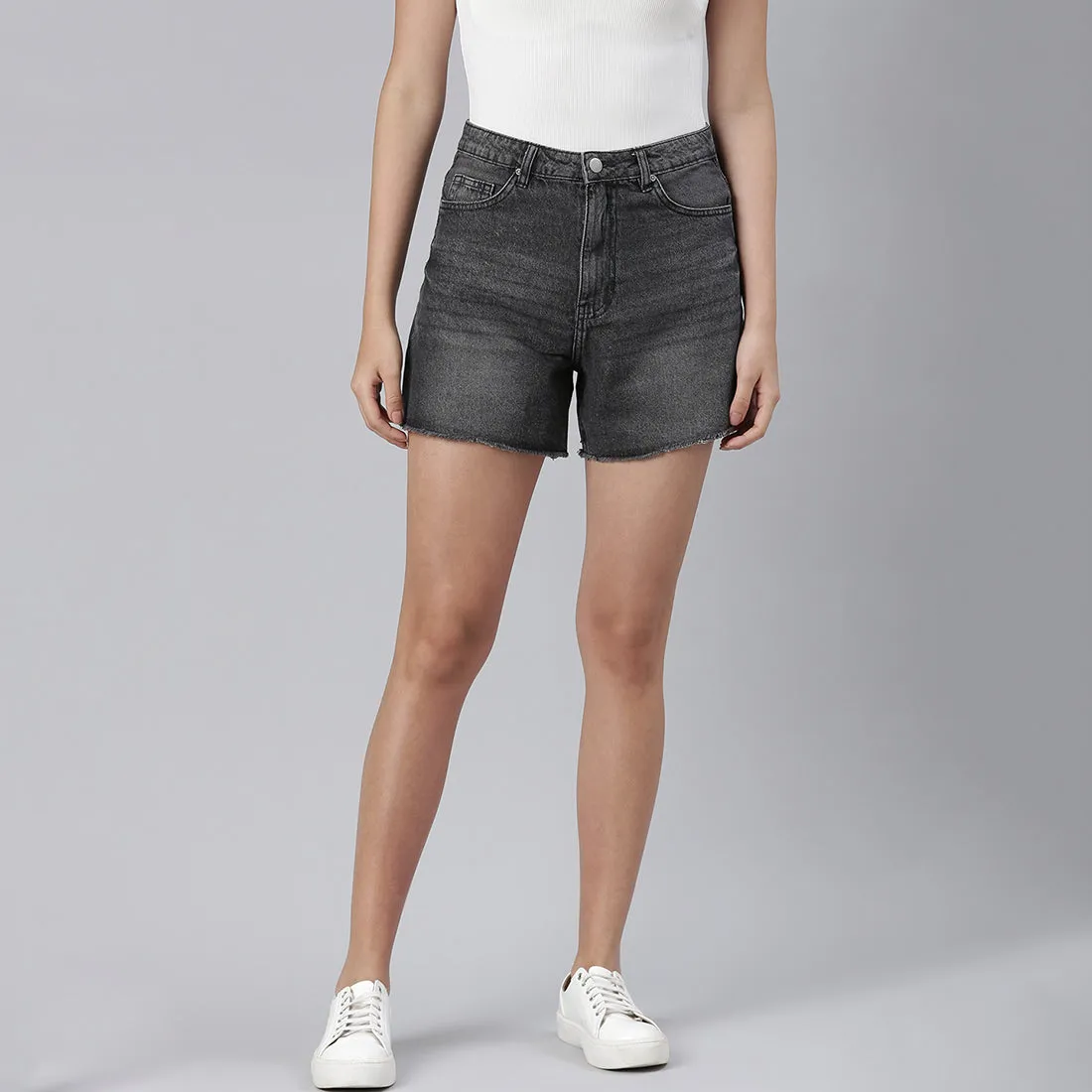 Grey Acid Wash Raw Hem Jeans Shorts