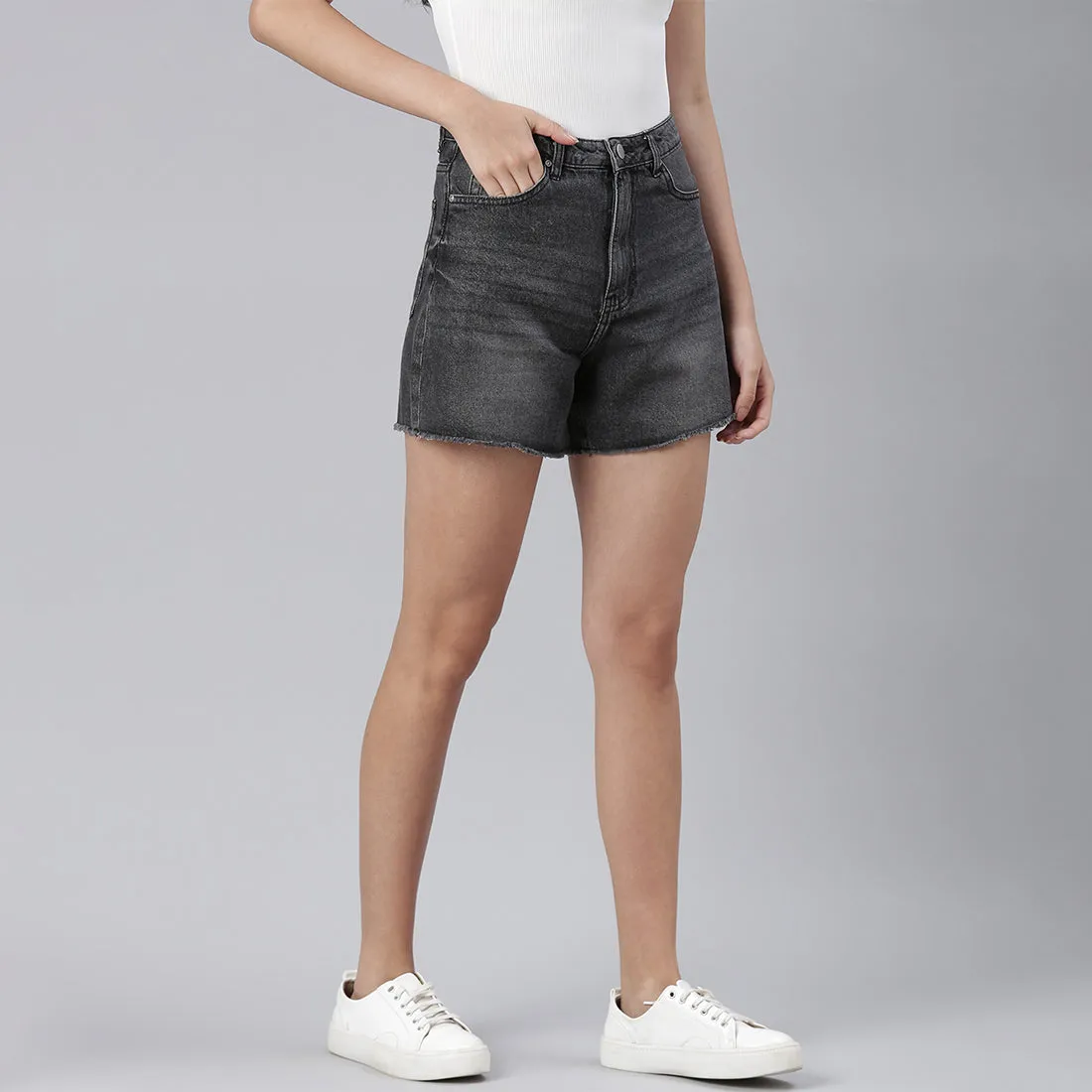 Grey Acid Wash Raw Hem Jeans Shorts