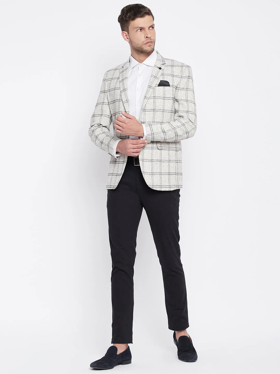 Grey Checked Notched Lapel Blazer