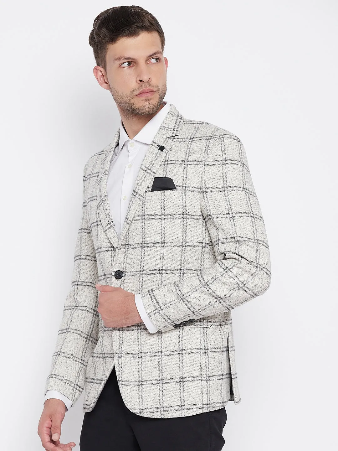 Grey Checked Notched Lapel Blazer