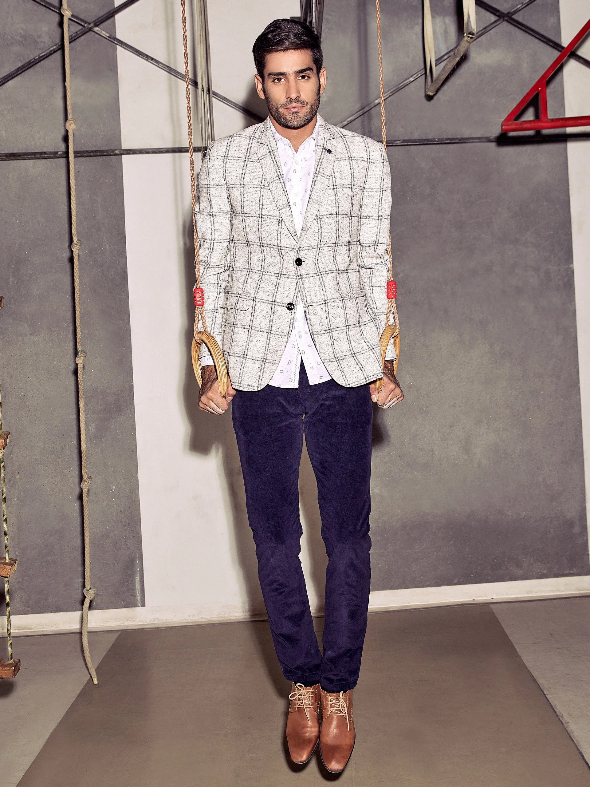 Grey Checked Notched Lapel Blazer