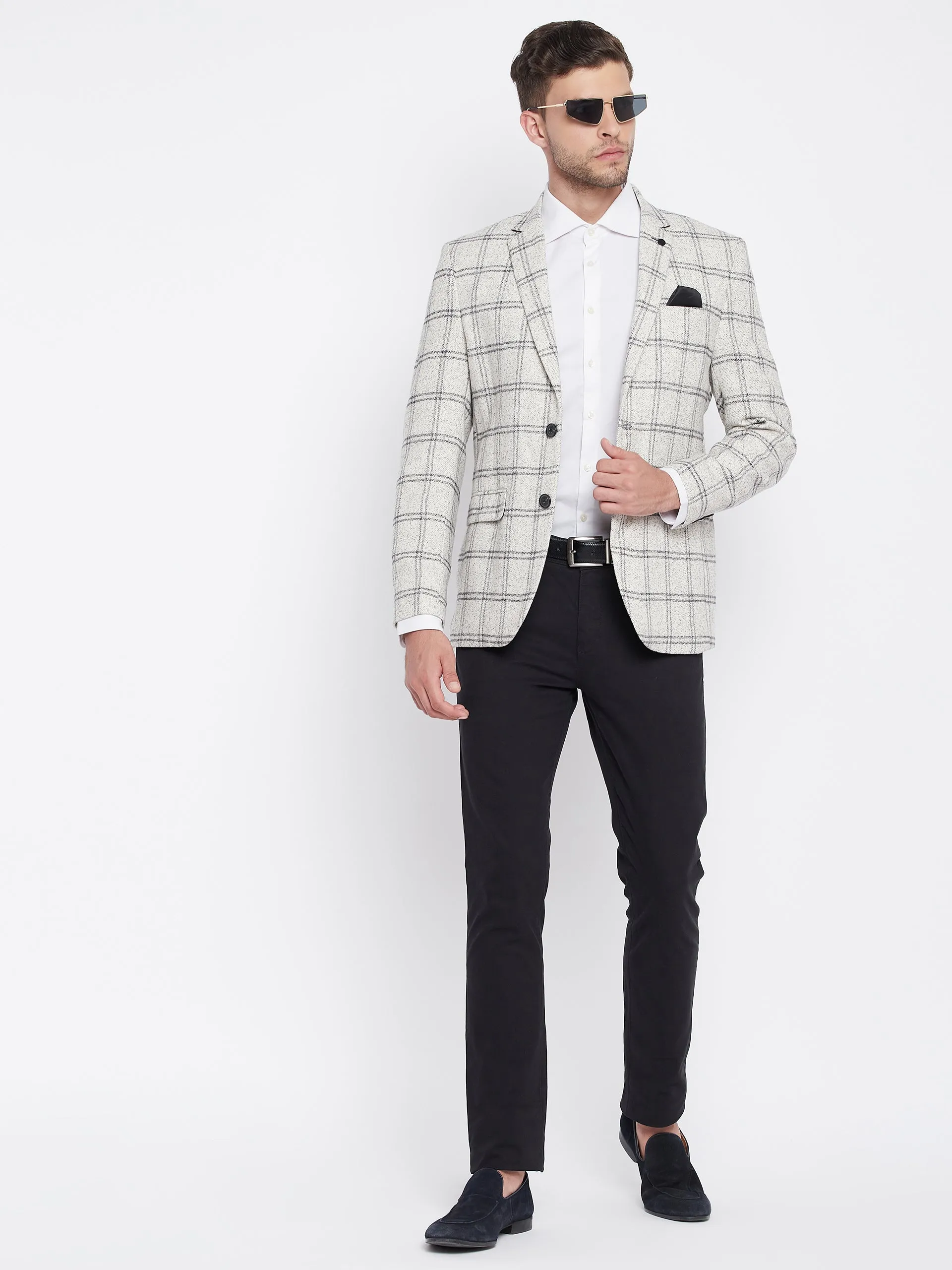 Grey Checked Notched Lapel Blazer