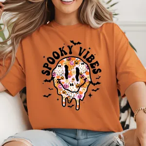 Halloween T-Shirt Spooky Vibes Cotton T-Shirt Retro Smiley Face Shirt