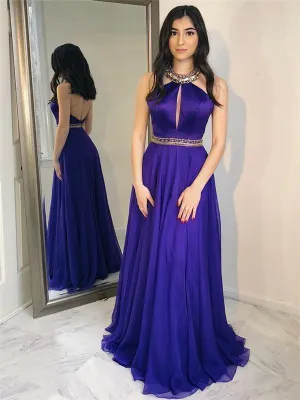 Halter A-line Prom Dresses, Chiffon Prom Dresses, Backless Prom Dresses, Long Prom Dresses, BG0419