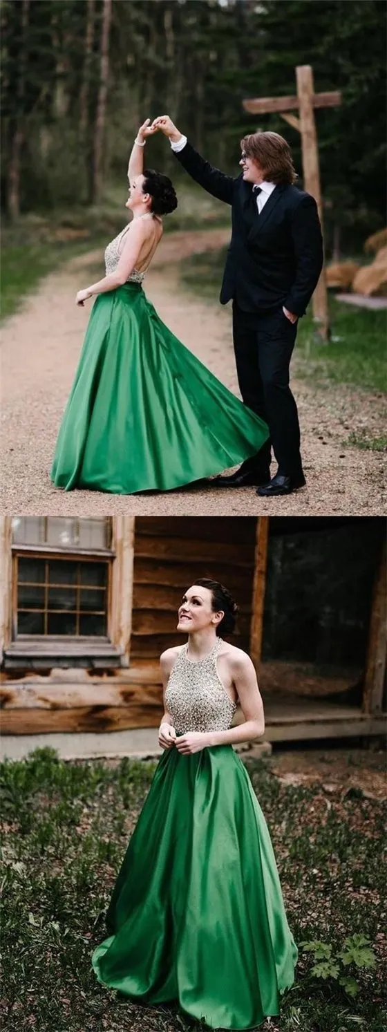 Halter Prom Dresses, Beaded Prom Dresses, Green Prom Dresses, Prom Dresses, BG0423