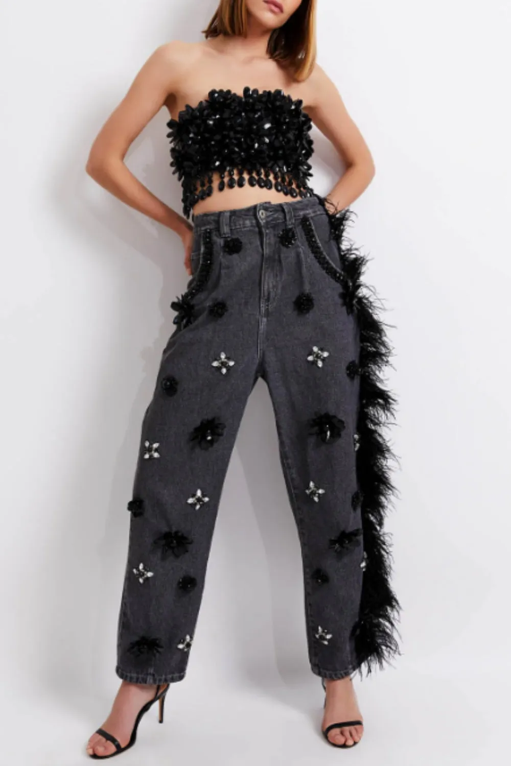 HAND BEADED JEANS WITH FEATHER TRIM
