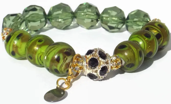 Handmade green glass bead stack stretch bracelet, The green bracelet, Elaini Arthur bracelet collection