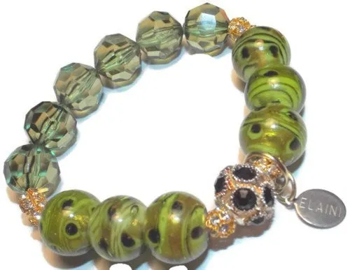 Handmade green glass bead stack stretch bracelet, The green bracelet, Elaini Arthur bracelet collection