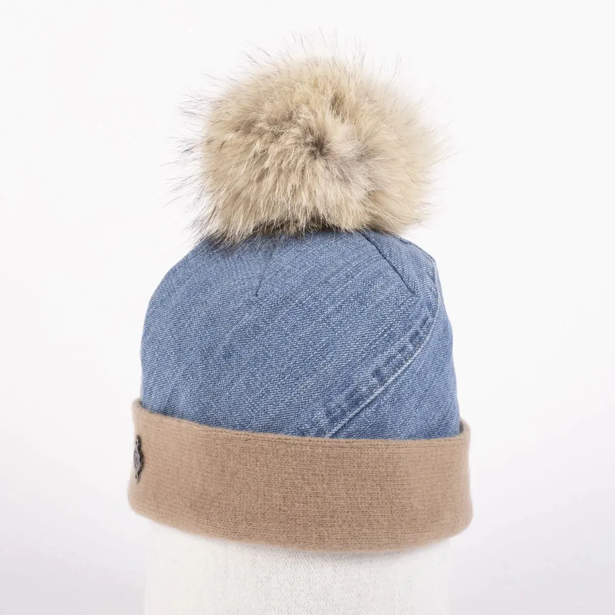 Harricana Upcycled Jeans Beanie w/ Fur Pom Hat