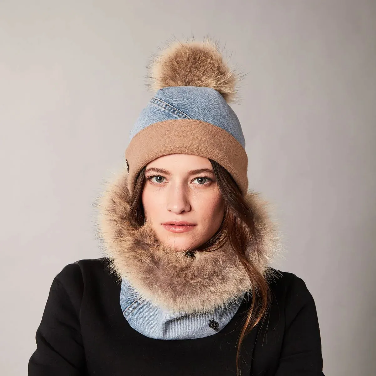 Harricana Upcycled Jeans Beanie w/ Fur Pom Hat