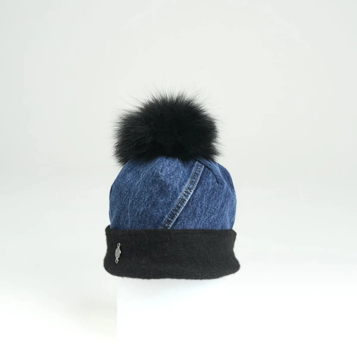 Harricana Upcycled Jeans Beanie w/ Fur Pom Hat