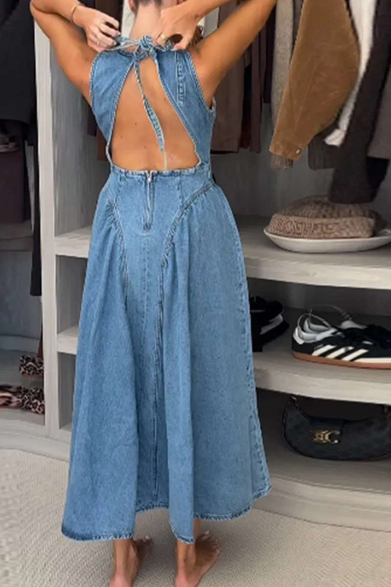 HBZ1305 Sleeveless Denim Midi Dress