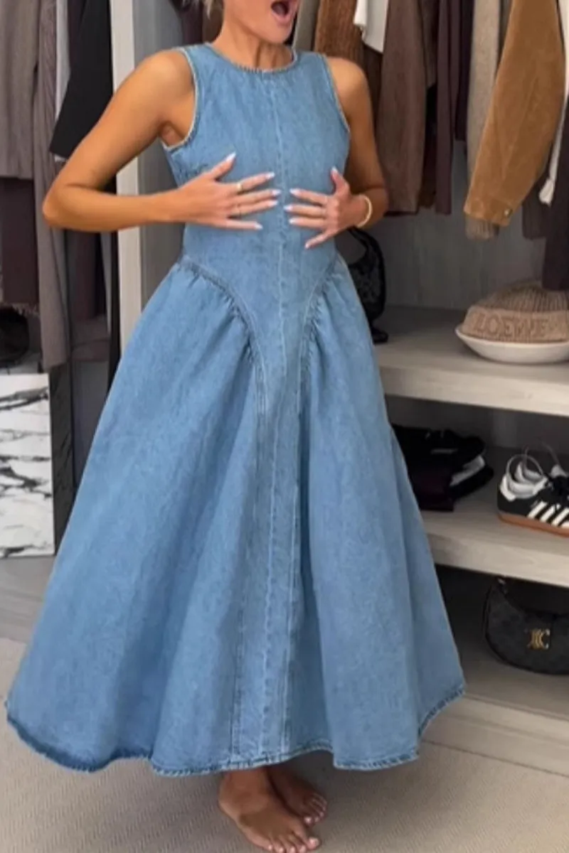 HBZ1305 Sleeveless Denim Midi Dress