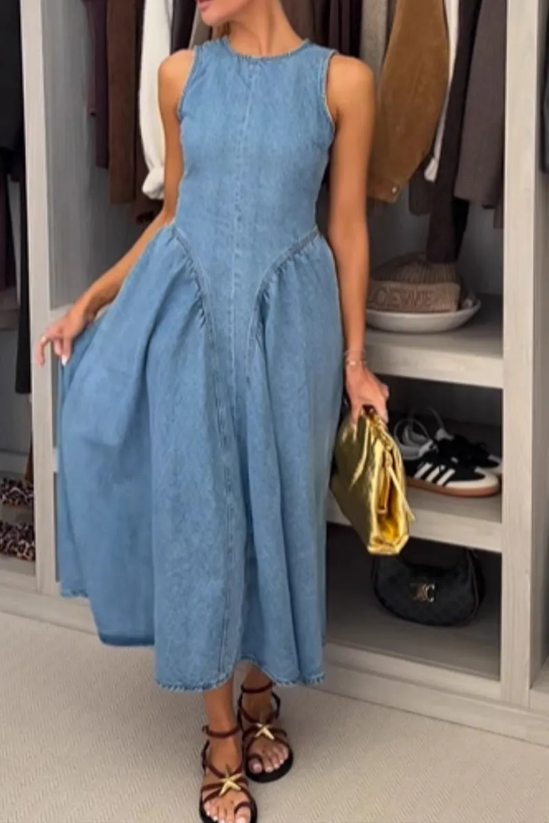HBZ1305 Sleeveless Denim Midi Dress