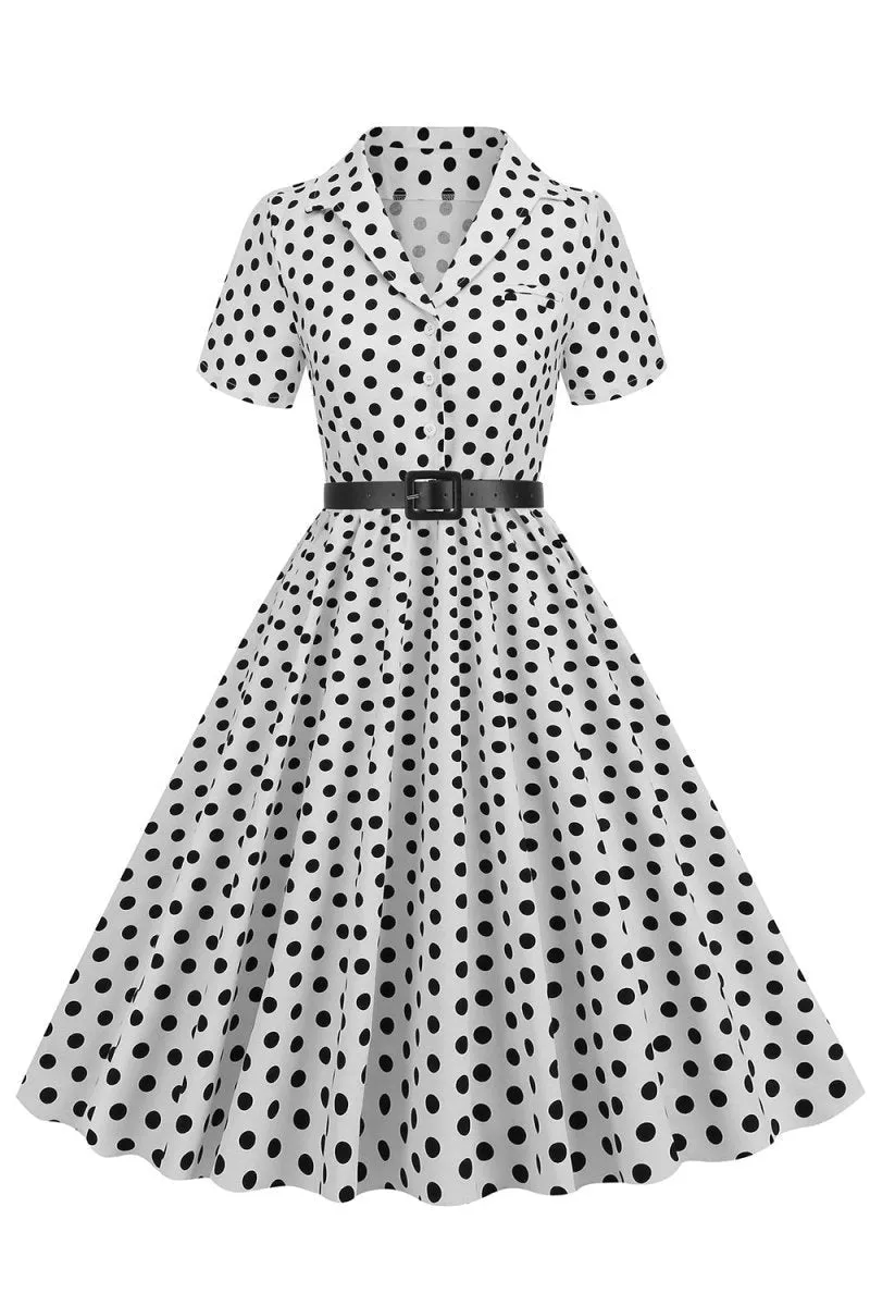 Hepburn Style V Neck Polka Dots 1950s Dresses