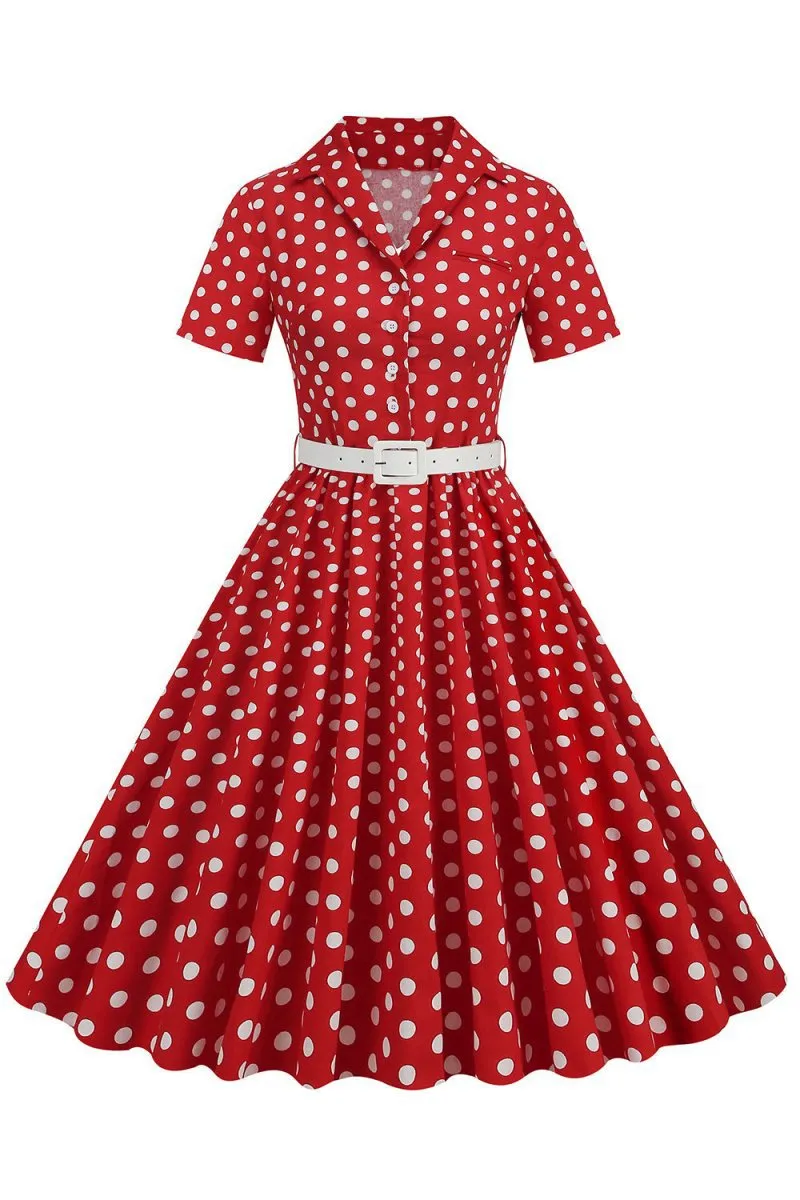 Hepburn Style V Neck Polka Dots 1950s Dresses