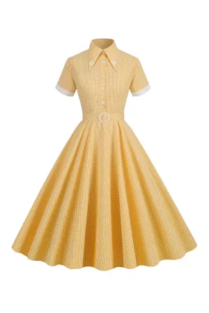 Hepburn Style Yellow Plaid Vintage Dress With Short Sleeves