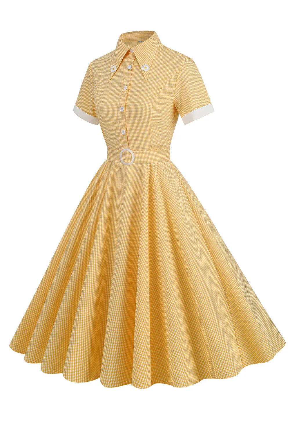 Hepburn Style Yellow Plaid Vintage Dress With Short Sleeves