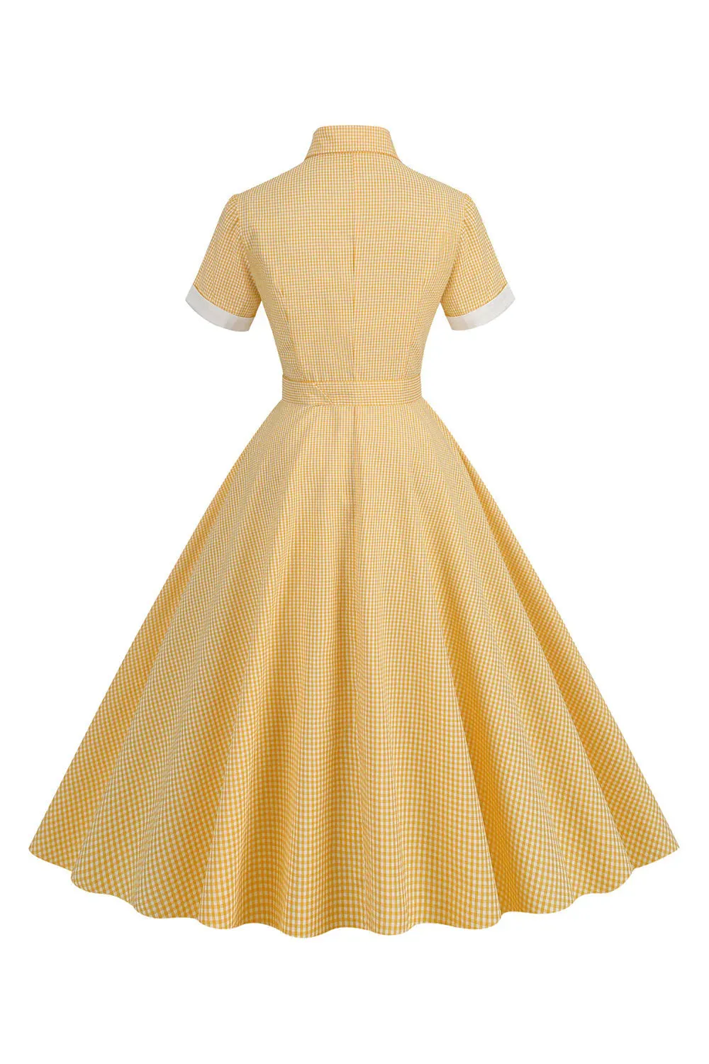 Hepburn Style Yellow Plaid Vintage Dress With Short Sleeves