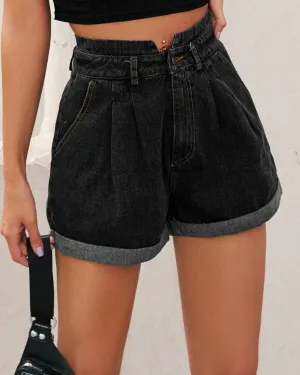 High Rise Cuffed Denim Shorts - Dark