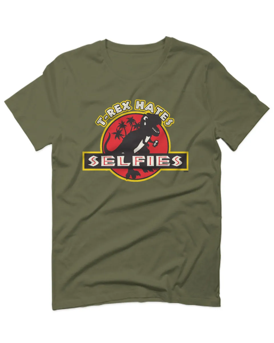 Hilarious Funny Cool Graphic T Rex Dinosaur Hates Selfies no Like For men T Shirt