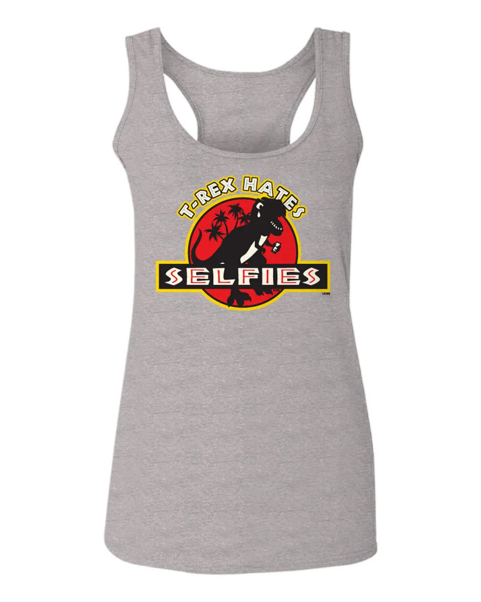 Hilarious Funny Cool Graphic T Rex Dinosaur Hates Selfies no Like  women's Tank Top sleeveless Racerback