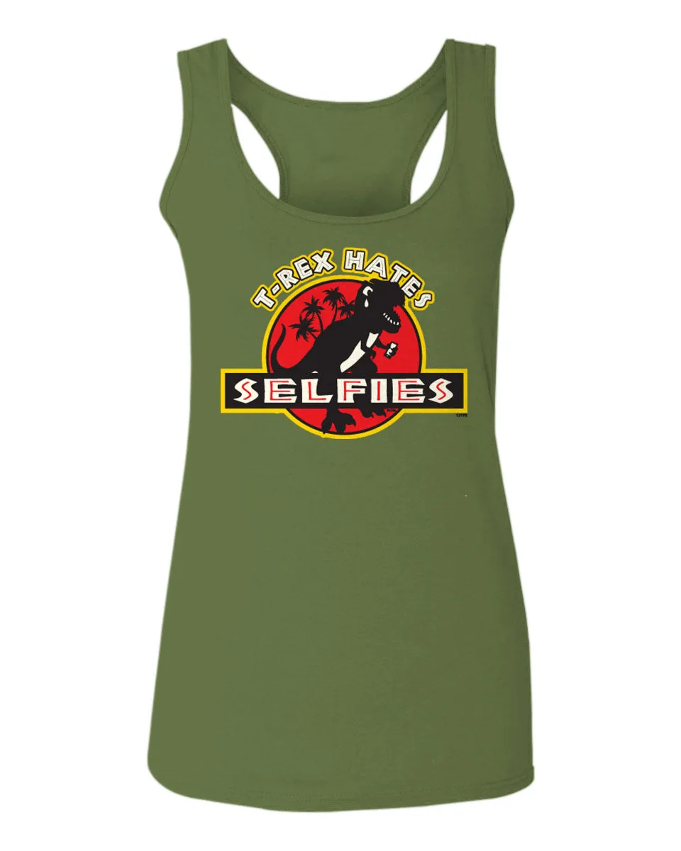 Hilarious Funny Cool Graphic T Rex Dinosaur Hates Selfies no Like  women's Tank Top sleeveless Racerback