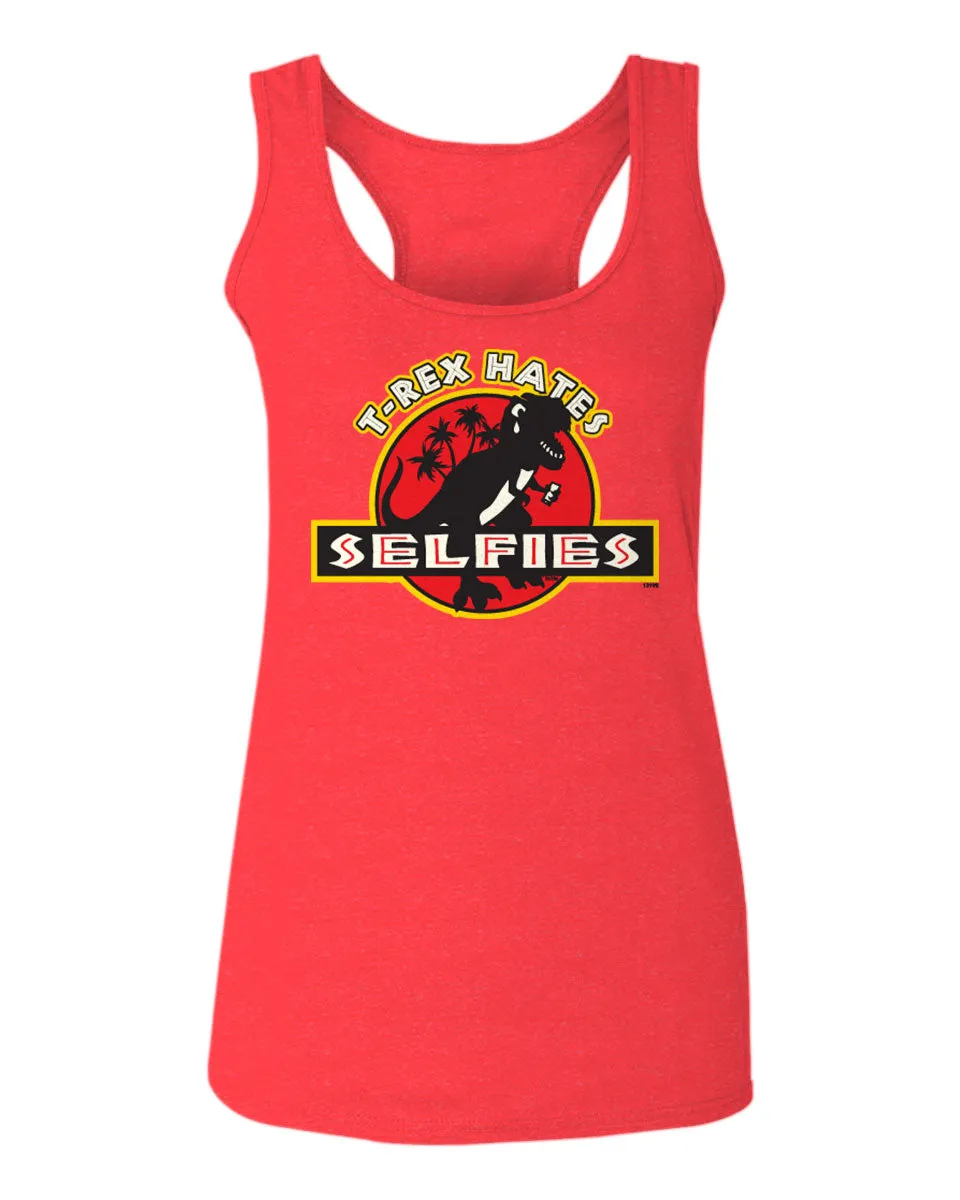 Hilarious Funny Cool Graphic T Rex Dinosaur Hates Selfies no Like  women's Tank Top sleeveless Racerback