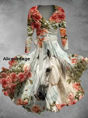 Horse Art Print V-Neck Vintage Long Sleeve Two Piece Dress Derby Dress