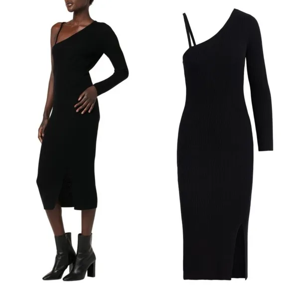 Hudson Jeans Merino Wool One Shoulder Dress Maxi in Black