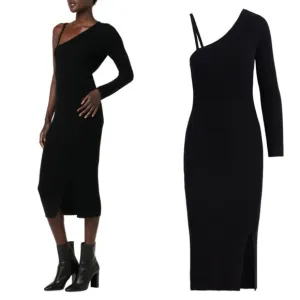 Hudson Jeans Merino Wool One Shoulder Dress Maxi in Black