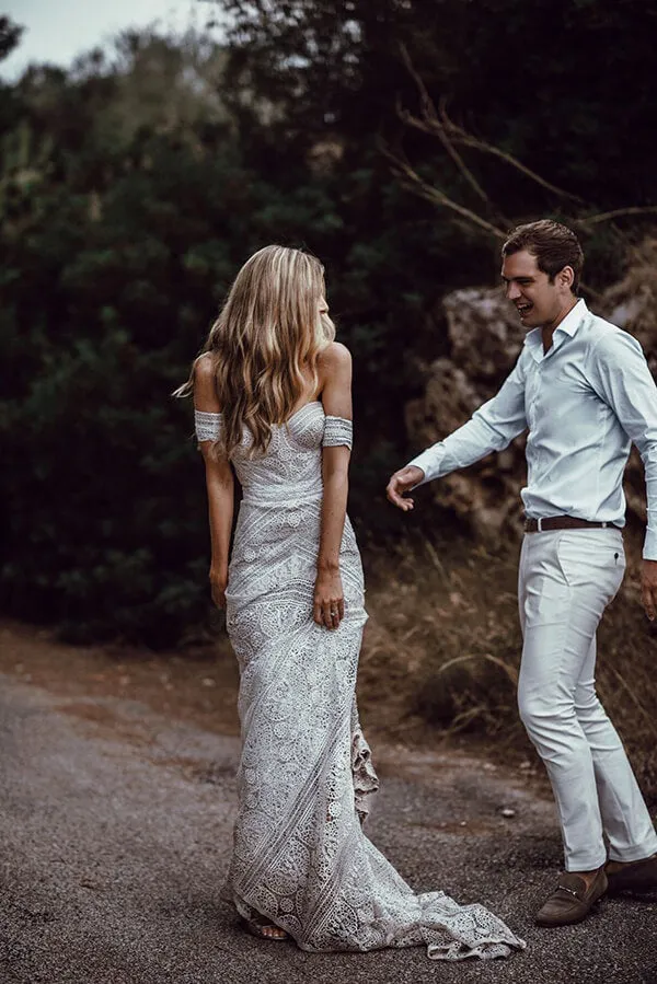 Ivory Rustic Boho Lace Sweetheart Neck Beach Wedding Dresses, Bridal Dress, SW272