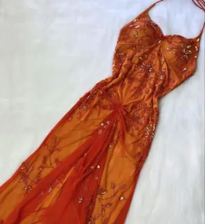JazzHer Vintage A Line Halter Long Prom Dresses Orange Evening Dress With Beads (PRE-ORDER)