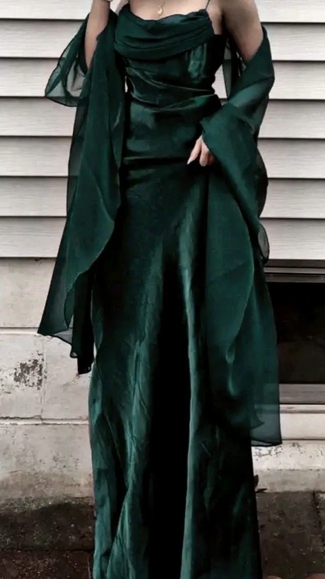 JazzHer Vintage A line Spaghetti Straps Green Chiffon Long Length Prom Dresses Birthday Outfits (PRE-ORDER)