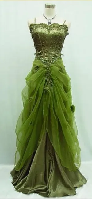 JazzHer Vintage A line Spaghetti Straps Green Tulle Beads Prom Dresses Long Evening Dress (PRE-ORDER)