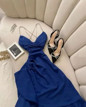 JazzHer Vintage A Line Spaghetti Straps Royal Blue Long Prom Dresses Evening Gowns (PRE-ORDER)
